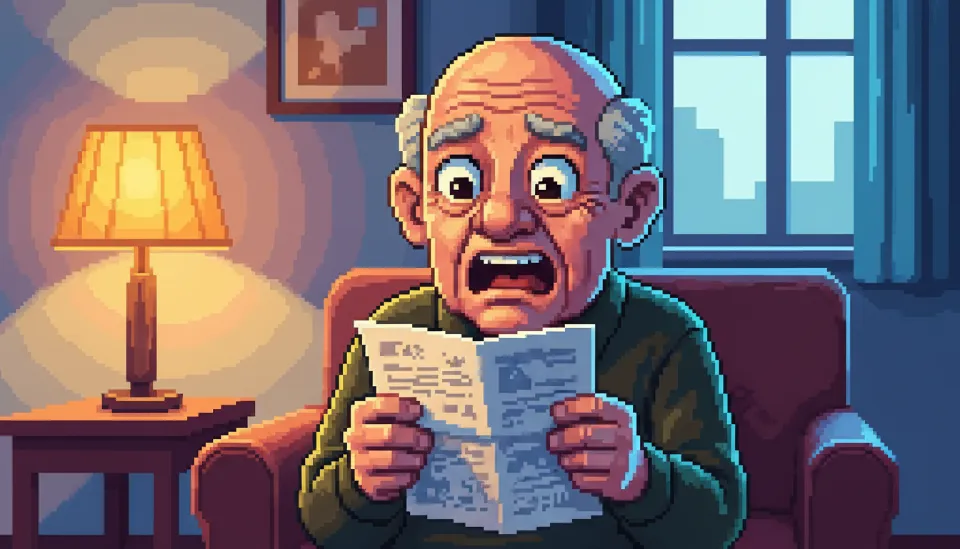 거실 소파에 앉아 높은 금액이 적힌 건강보험료 고지서를 들고 충격받은 표정을 짓고 있는 은퇴 남성의 모습