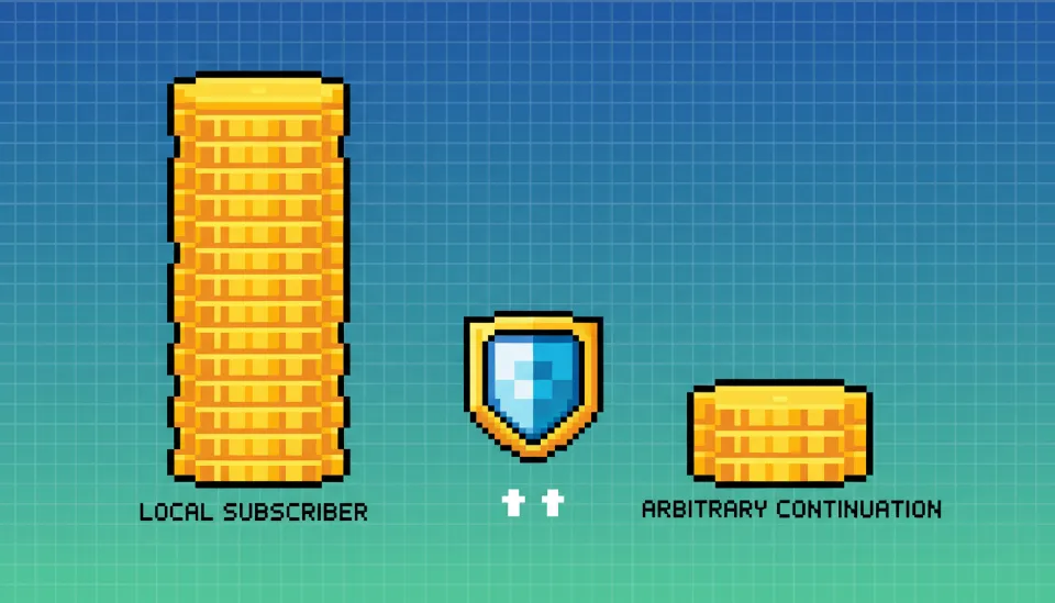 지역가입자 보험료와 임의계속가입 보험료의 높이를 비교한 동전 스택 인포그래픽, 보호를 상징하는 방패 아이콘 포함