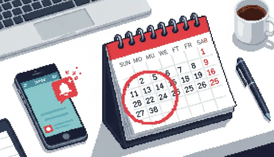 달력의 특정 날짜가 빨간색으로 강조되어 마감 기한의 긴박함을 알리고, 옆에 알림이 뜬 스마트폰이 놓여 있는 사진
