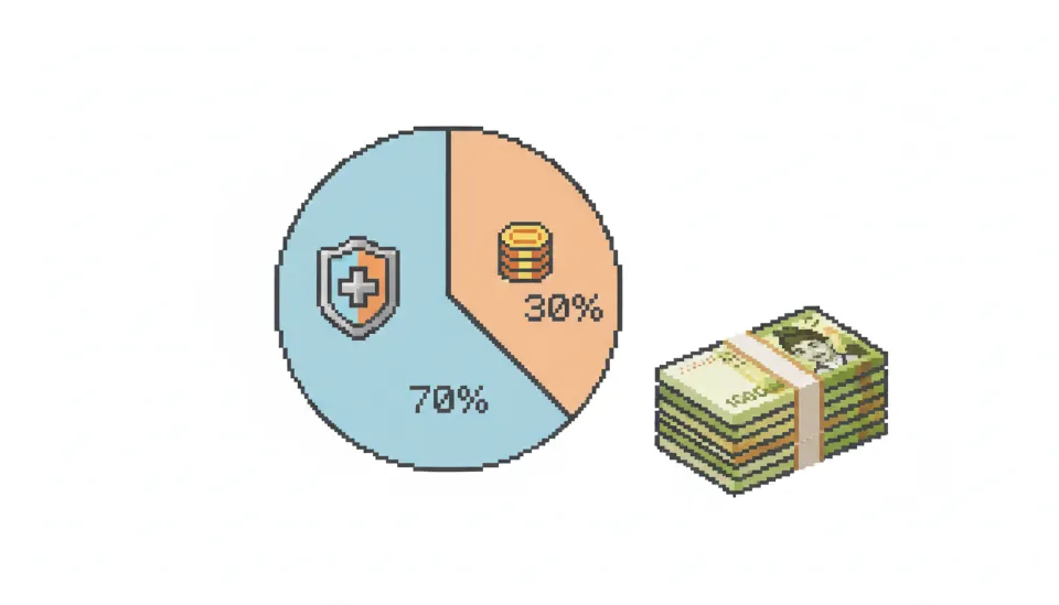 임플란트 비용 구조를 보여주는 원형 차트 이미지로, 건강보험 지원 70%와 환자 본인부담금 30%의 비율을 시각적으로 설명