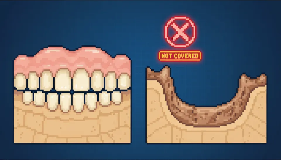 건강한 잇몸뼈와 뼈이식이 필요한 잇몸뼈를 비교한 의학 일러스트로, 뼈이식 수술이 비급여 항목임을 나타내는 시각적 경고 표시 포함