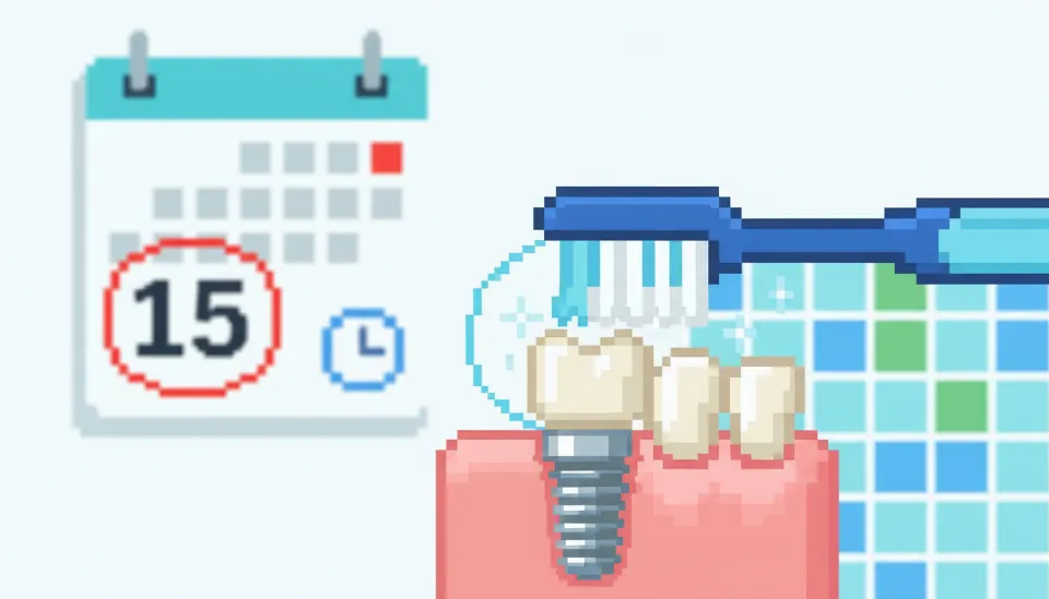 임플란트 모델을 칫솔로 관리하는 클로즈업 이미지와 배경에 정기 검진일이 표시된 달력을 배치하여 유지관리의 중요성을 강조