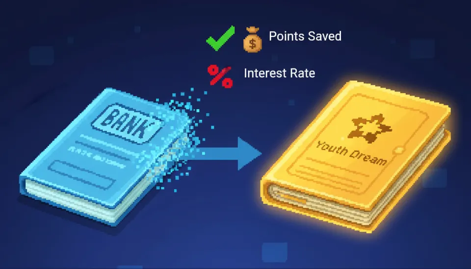 기존 파란색 청약 통장에서 금색 청년 주택드림 통장으로 데이터가 안전하게 이동하며 청약 가점과 납입 횟수가 유지됨을 보여주는 인포그래픽 이미지