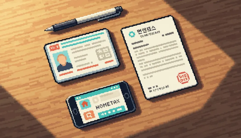 나무 책상 위에 놓인 신분증, 소득확인증명서, 그리고 국세청 홈택스 앱이 켜진 스마트폰과 펜이 정갈하게 배치된 필수 서류 준비 사진