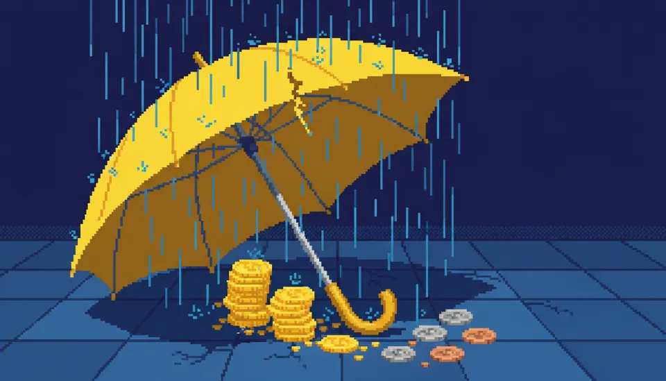 노란우산공제 로고가 그려진 부서진 우산 아래로 동전 더미가 줄어들고 있는 모습을 통해 중도 해지로 인한 자산 손실을 표현한 개념 이미지