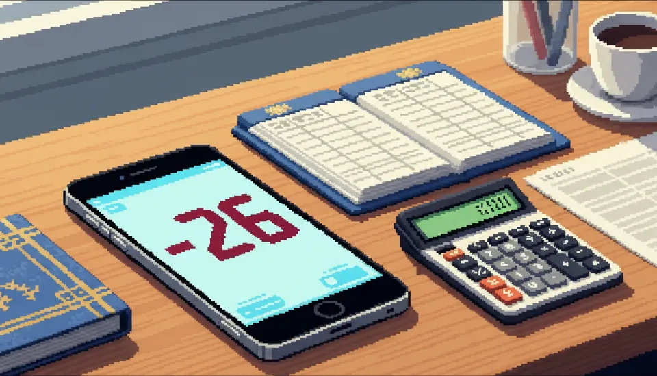 스마트폰 계산기 화면에 붉은색 마이너스 숫자가 표시되어 있고 그 옆에 장부와 계산기가 놓여 있어 해지 시 금전적 손실을 시각적으로 묘사한 사진