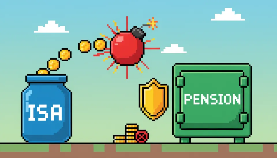 ISA 계좌에서 연금 금고로 이동하는 금화 더미와 세금 절약 개념을 시각화한 3D 렌더링 이미지