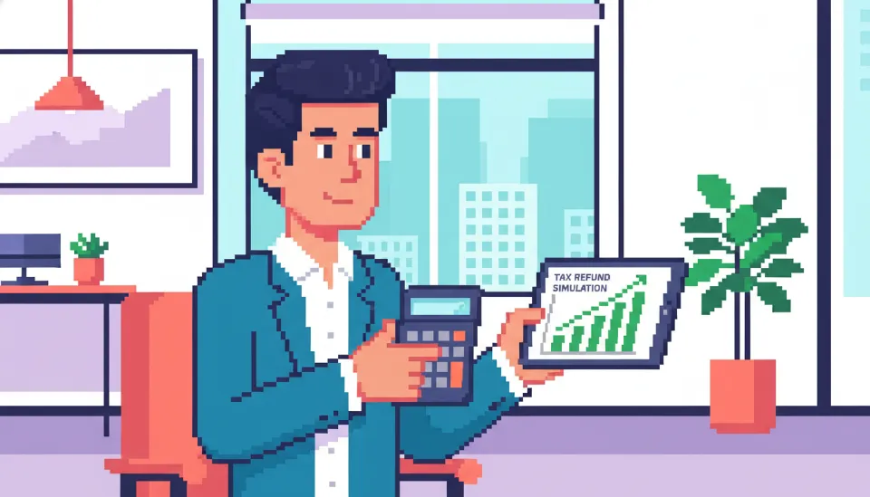 계산기를 들고 연봉별 세액공제 환급액 비교 그래프가 표시된 태블릿을 보고 있는 직장인의 모습