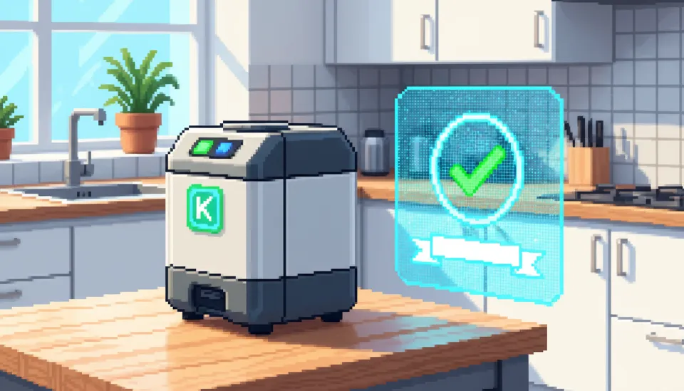 현대적인 주방 싱크대 위에 설치된 최신형 음식물 쓰레기 처리기와 제품 전면에 부착된 K마크 인증 스티커가 돋보이는 모습