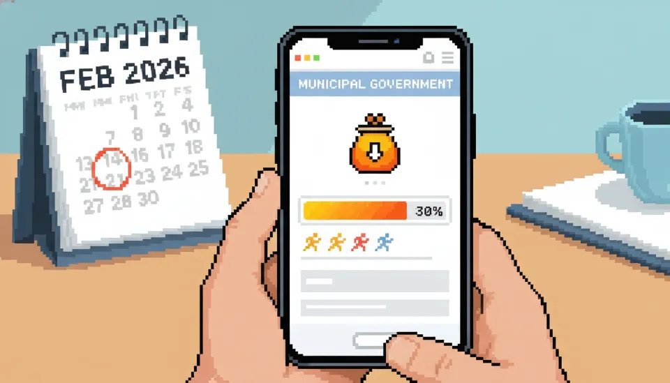 스마트폰으로 지자체 홈페이지에 접속하여 음식물 처리기 보조금 잔여 예산 그래프를 확인하고 있는 손과 2026년 2월 달력 배경