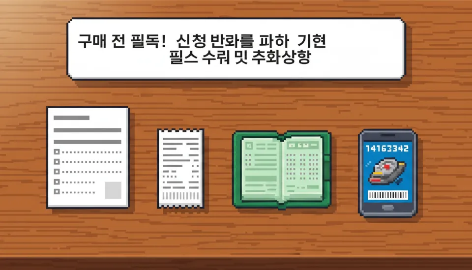 책상 위에 가지런히 정리된 보조금 신청 서류들과 신용카드 영수증, 통장 사본, 그리고 제품 시리얼 넘버가 찍힌 스마트폰 화면