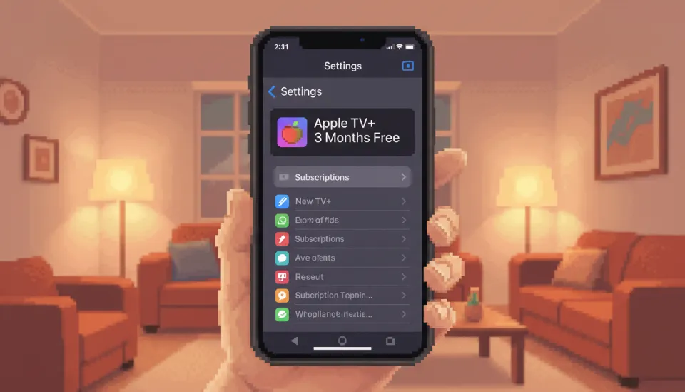 아이폰 설정 화면 상단에 애플 TV 플러스 3개월 무료 체험 알림 배너가 표시된 모습과 이를 확인하는 사용자의 손