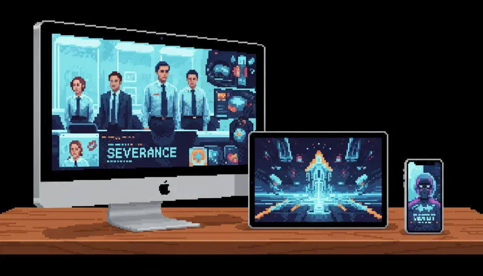 애플 TV 플러스의 인기 드라마 포스터가 아이패드와 맥북 화면에 고화질로 재생되고 있는 연출 사진