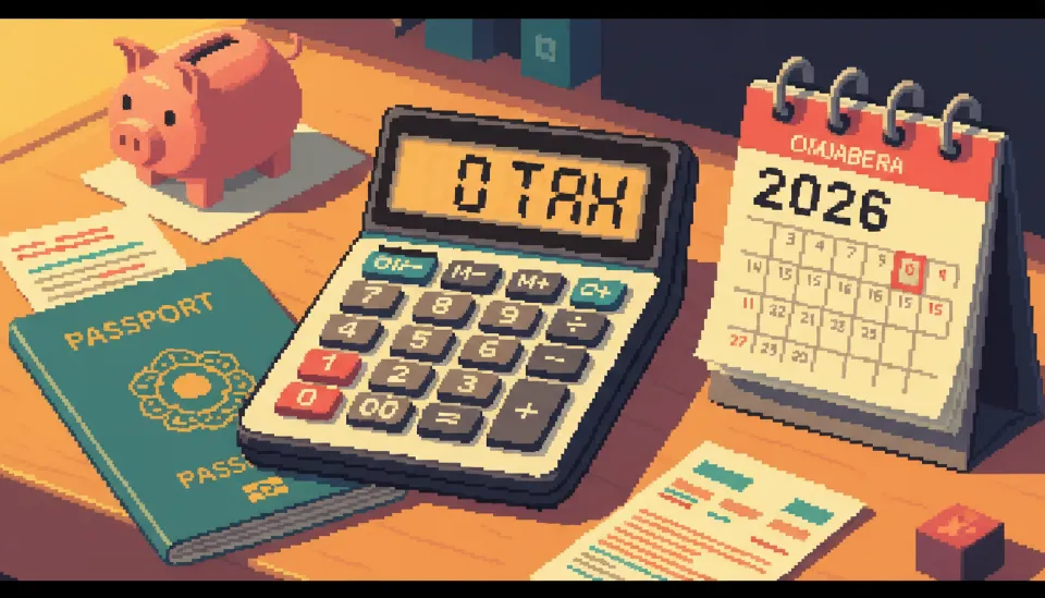 2026년 달력과 여권 옆에 놓인 계산기에 세금 0원이라는 숫자가 표시된 금융 계획 컨셉 이미지