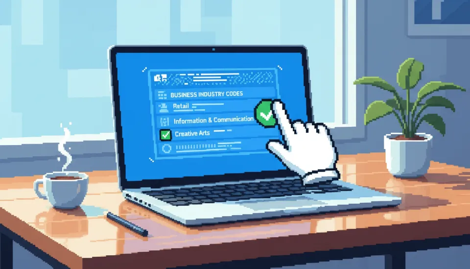 노트북 화면에 표시된 다양한 사업자 업종 코드 중 정보통신업 항목에 녹색 체크 표시가 되어 있는 비즈니스 설정 화면