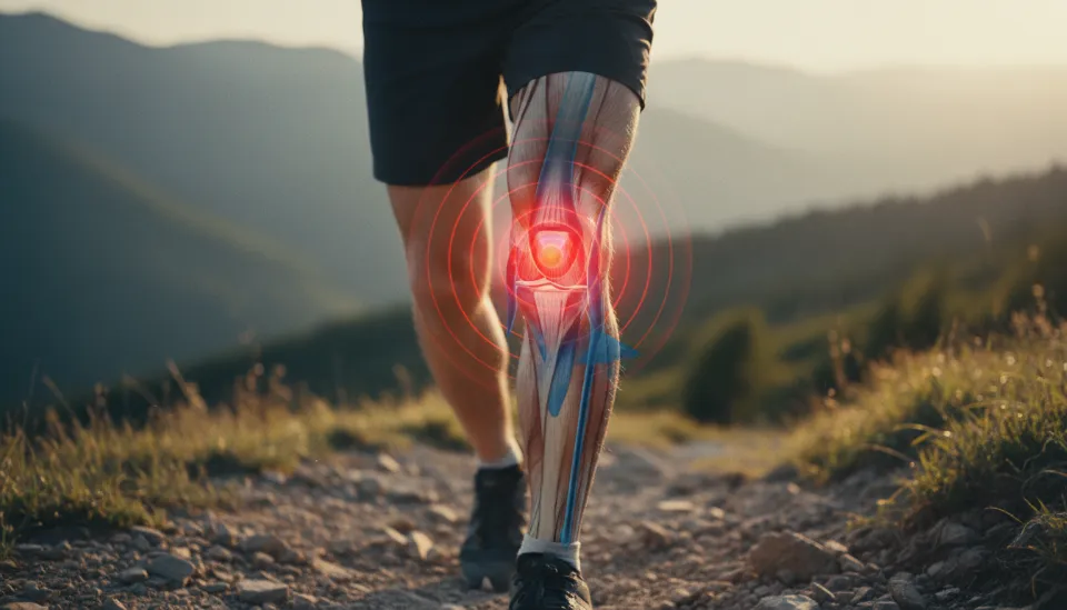 바위가 많은 산길을 내려올 때 무릎 관절에 가해지는 충격 부위를 빨간색으로, 근육이 지탱하는 부위를 파란색으로 시각화한 생체 역학적 다이어그램