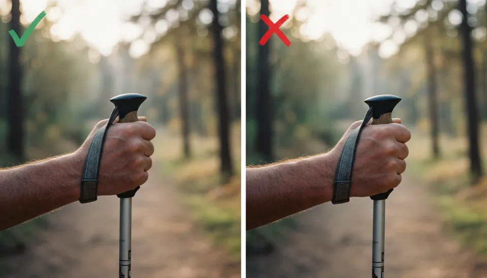 등산 스틱 스트랩을 아래에서 위로 통과시켜 잡는 올바른 방법(초록색 체크)과 위에서 아래로 넣는 잘못된 방법(빨간색 X)을 비교한 고화질 이미지