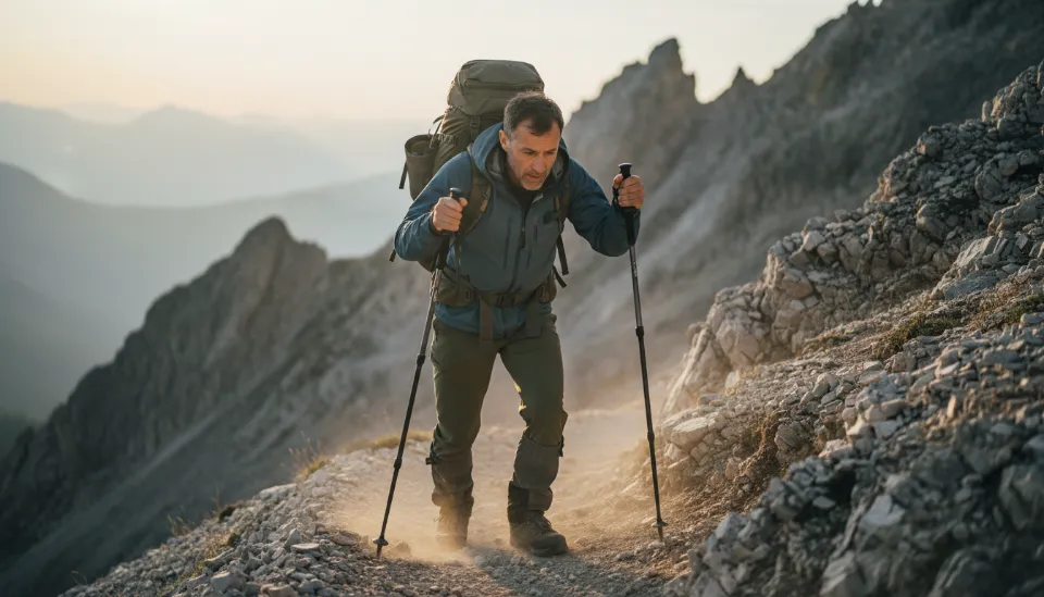 급경사 산길에서 두 개의 등산 스틱을 발보다 앞서 짚으며 하중을 분산시키고 있는 전문 등산객의 안정적인 하산 자세
