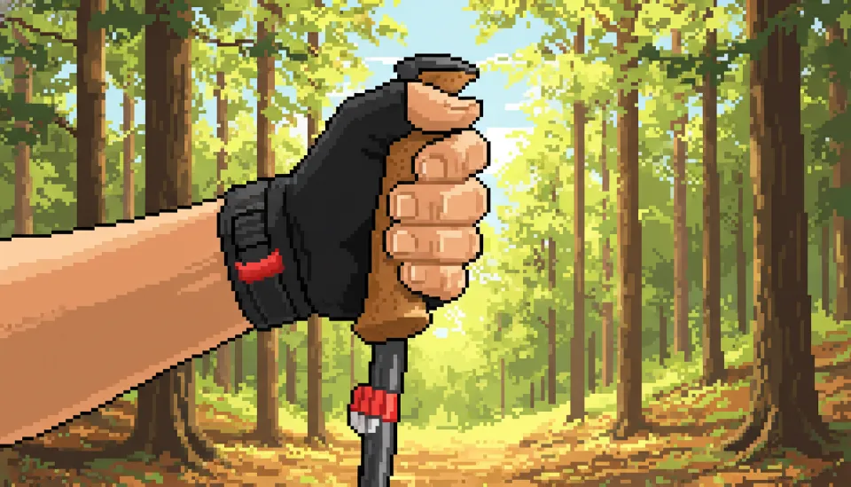 햇살이 비치는 숲길에서 등산객이 레키 등산 스틱의 코르크 그립을 쥐고 체중을 싣고 있는 모습, 손목의 편안한 각도가 강조됨