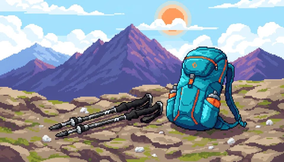 바위 위에 컴팩트하게 접혀 있는 블랙다이아몬드 Z폴 등산 스틱과 가벼운 트레일 러닝 배낭이 놓여 있는 연출 사진