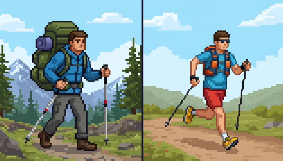 왼쪽에는 무거운 배낭을 멘 등산객이 레키 스틱을 사용하는 모습, 오른쪽에는 가벼운 차림의 트레일 러너가 블랙다이아몬드 스틱을 사용하는 모습을 대비시킨 분할 이미지