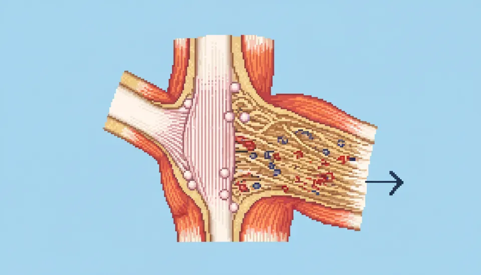 팔꿈치 외측상과염의 해부학적 구조와 손상된 힘줄의 미세 파열을 보여주는 의료 일러스트레이션