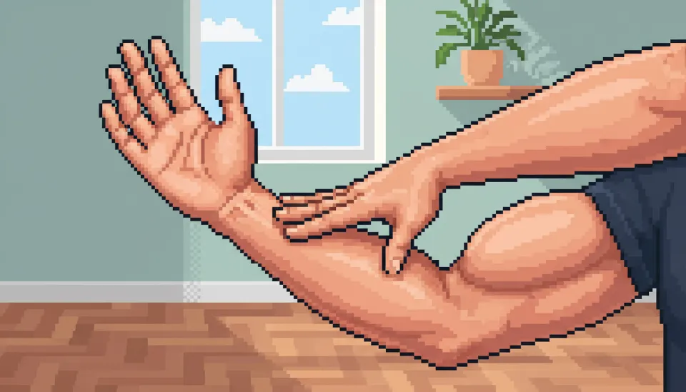 테니스 엘보 재활을 위해 팔꿈치를 90도로 굽히고 반대 손으로 저항을 주며 등척성 손목 신전 운동을 하는 모습