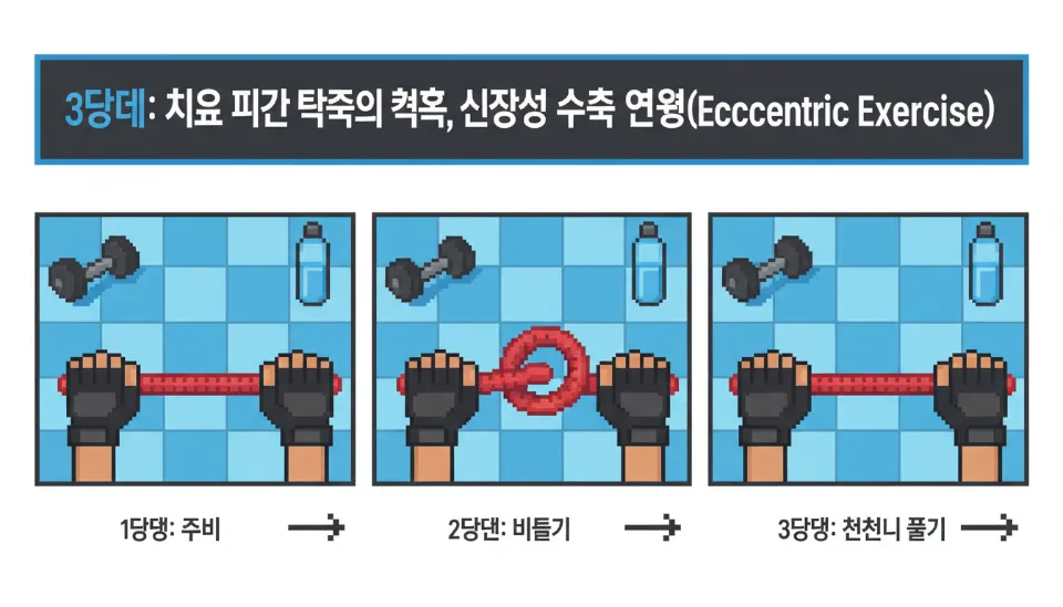 플렉스바를 이용해 테니스 엘보 치료에 효과적인 타일러 트위스트 신장성 운동을 수행하는 단계별 손 동작