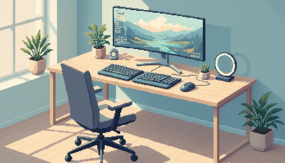 테니스 엘보 재발 방지를 위한 버티컬 마우스와 손목 받침대가 설치된 인체공학적 데스크 셋업 환경