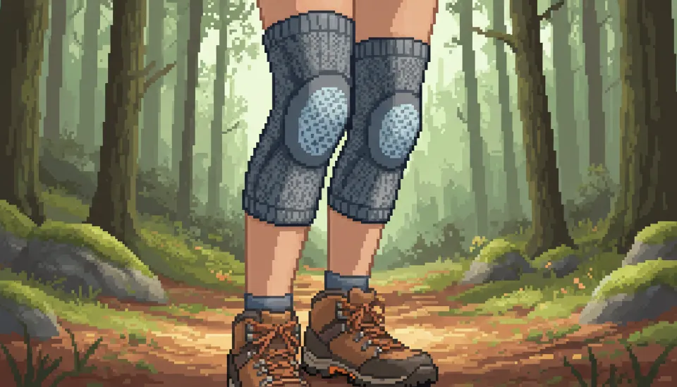 통기성 메쉬 소재와 실리콘 지지대가 적용된 기능성 슬리브형 무릎 보호대를 착용한 등산객의 다리 모습