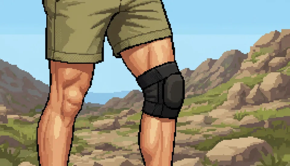 무릎뼈 아래 슬개건을 지지해 주는 심플한 디자인의 블랙 컬러 스트랩형 무릎 보호대 착용 상세 컷