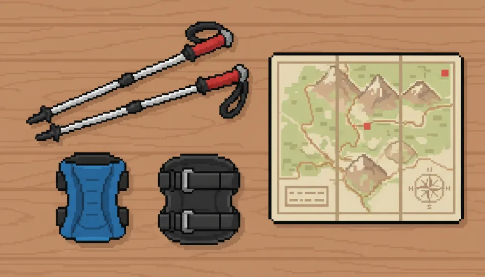 2026년 트렌드에 맞춘 등산 장비 모음: 트레킹 폴, 슬리브형 및 스트랩형 무릎 보호대 비교 연출 사진