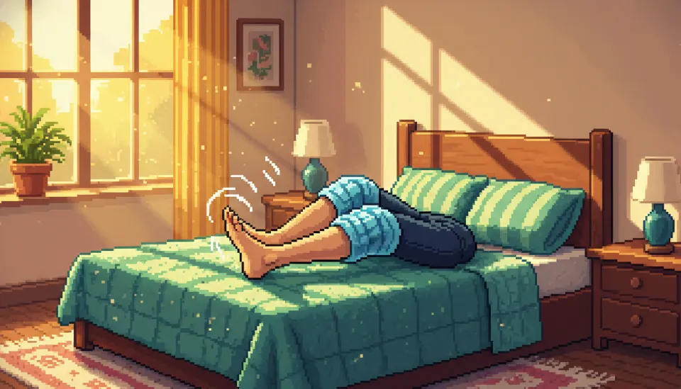 침대 위 쿠션에 다리를 심장보다 높게 올리고 무릎 붓기 관리를 위해 얼음 찜질을 하고 있는 환자의 하반신 모습