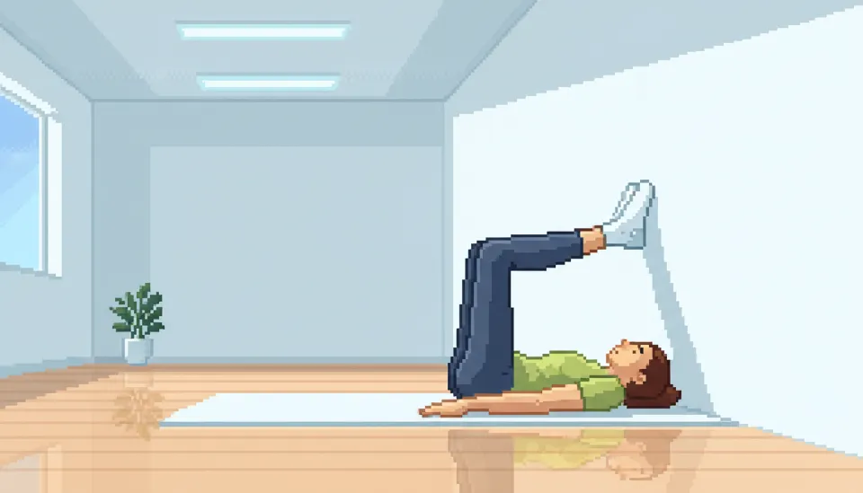 벽에 다리를 올리고 중력을 이용해 무릎을 천천히 굽히는 벽 타기(Wall Slide) 재활 운동을 수행하는 모습