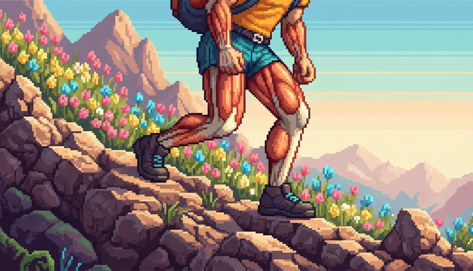 가파른 바위산을 내려가는 등산객의 다리 근육과 굽혀진 무릎 관절의 역동적인 모습