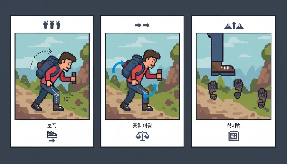 하산 시 무릎 보호를 위한 상체 숙임과 무릎 굽힘 각도를 보여주는 등산 보행법 교육용 다이어그램