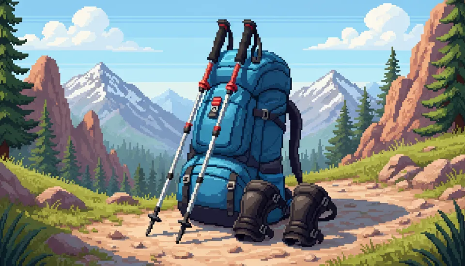 하산 시 무릎 하중 분산을 위해 필수적인 조절형 등산 스틱과 배낭의 상세 모습