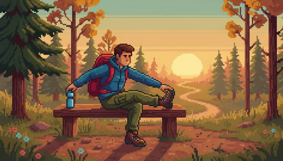 산행을 마친 후 벤치에 앉아 하체 근육을 스트레칭하며 휴식을 취하는 등산객