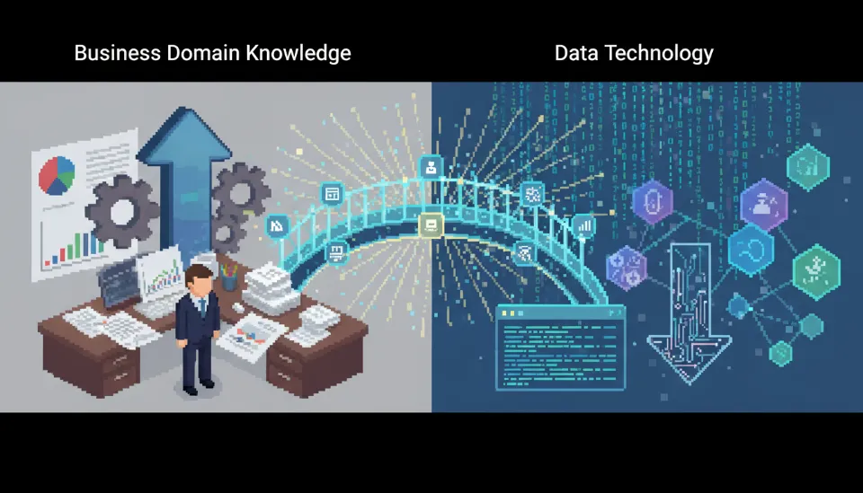 현업 실무 지식과 데이터 분석 기술의 결합을 상징하는 사무실 배경과 디지털 데이터 시각화가 혼합된 그래픽 이미지