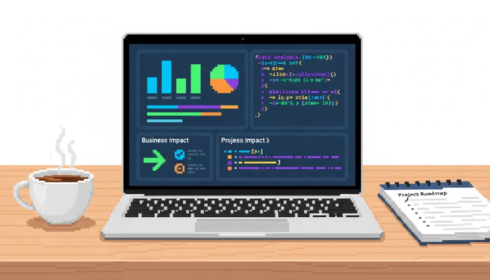 노트북 화면에 띄워진 전문적인 데이터 분석 포트폴리오 레이아웃과 비즈니스 인사이트 요약 섹션
