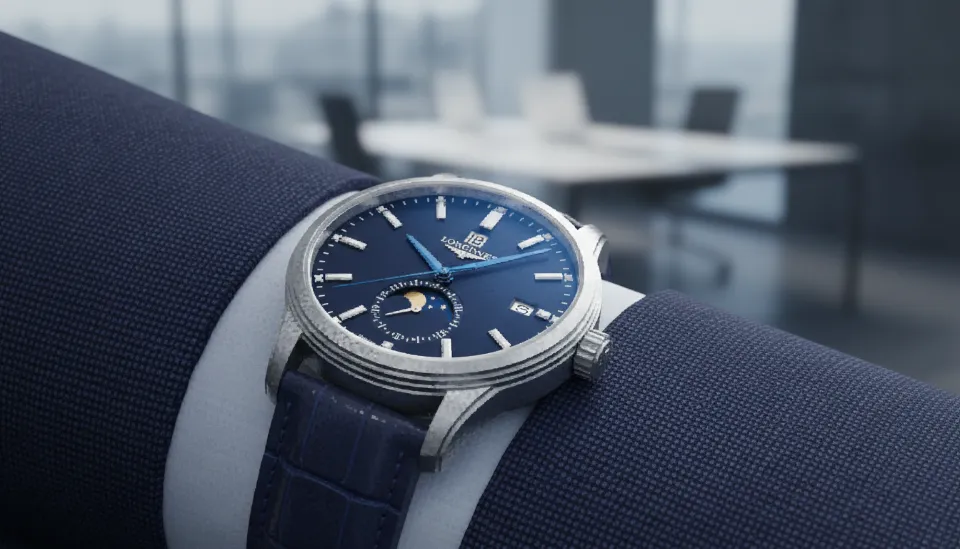 네이비 비즈니스 수트 소매 위에서 빛나는 블루 핸즈와 문페이즈 기능이 탑재된 론진 마스터콜렉션 입문용 명품 시계
