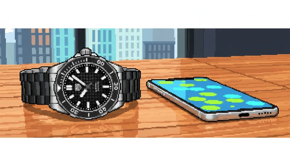 현대적인 사무실 책상 위 스마트폰 옆에 놓인 블랙 세라믹 베젤과 가로 패턴 다이얼의 태그호이어 아쿠아레이서 다이버 워치