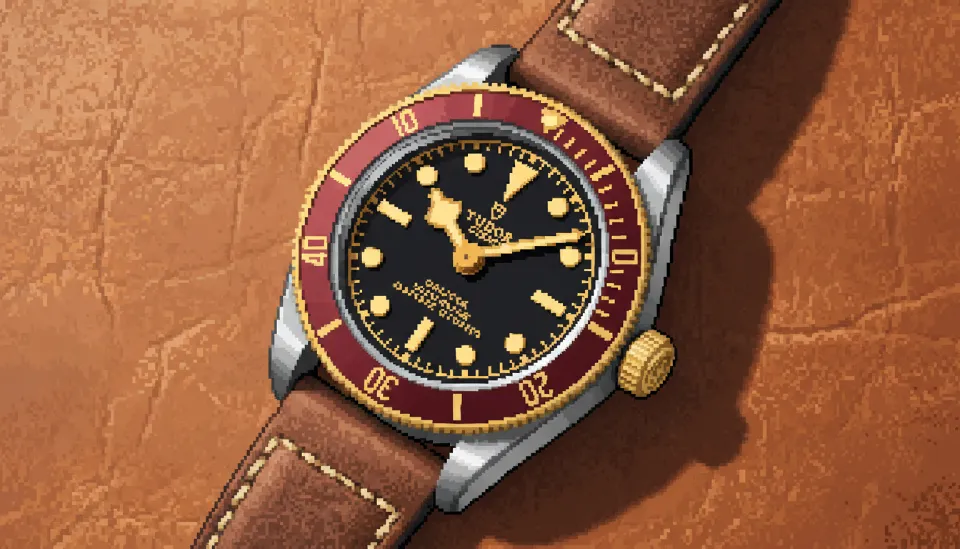 빈티지한 가죽 배경 위에 놓인 버건디 베젤과 스노우 플레이크 핸즈가 돋보이는 튜더 블랙 베이 오토매틱 시계