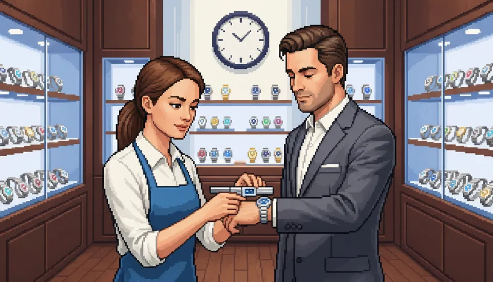 럭셔리 시계 부티크에서 전문가가 남성의 손목에 맞는 적절한 사이즈의 시계를 추천하고 측정하는 모습