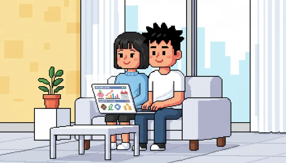 거실에서 노트북으로 청년주택드림대출 소득 기준과 부부 합산 요건을 꼼꼼하게 검토하고 있는 젊은 신혼부부의 모습