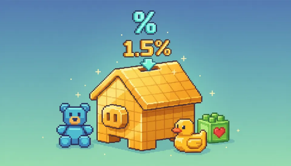 결혼과 출산으로 인해 1.5퍼센트까지 낮아지는 우대금리 혜택을 시각화한 황금색 집 모양 저금리와 화살표 아이콘