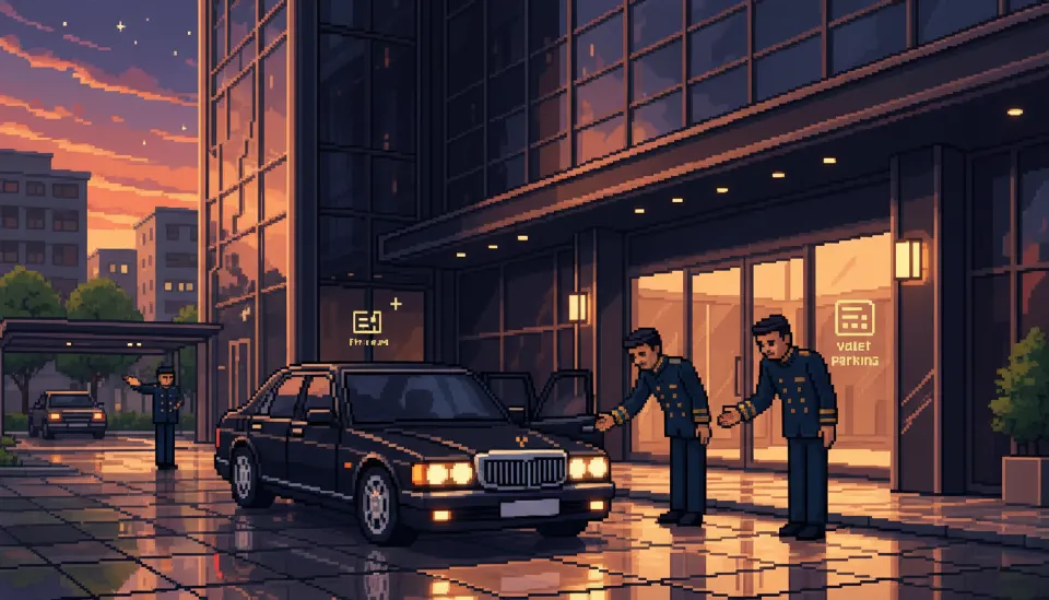 강남의 현대적인 빌딩 입구에서 유니폼을 입은 발렛 직원이 검은색 세단을 맞이하는 프리미엄 주차 서비스 장면