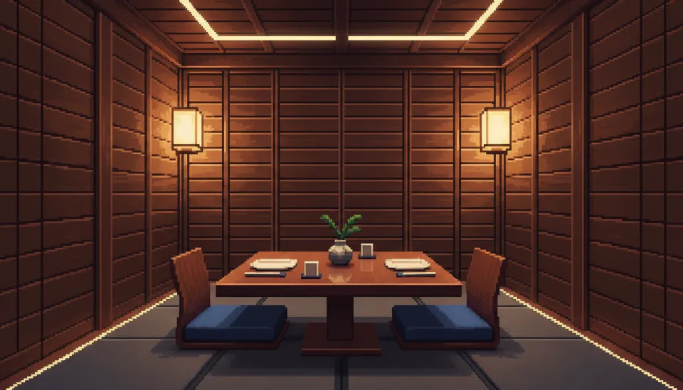 두 명을 위해 세팅된 우아하고 정적인 분위기의 강남 오마카세 프라이빗 룸 인테리어와 고급스러운 목재 벽면
