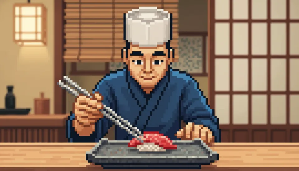 프라이빗 룸에서 전문 셰프가 정성스럽게 초밥을 서빙하며 대화 흐름을 배려하는 품격 있는 서비스 장면