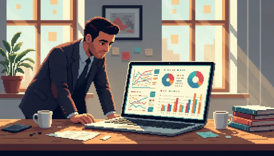 현대적인 사무실에서 개발자가 노트북 화면의 데이터 그래프를 분석하며 IT 경력기술서 수치화 성과를 정리하는 모습